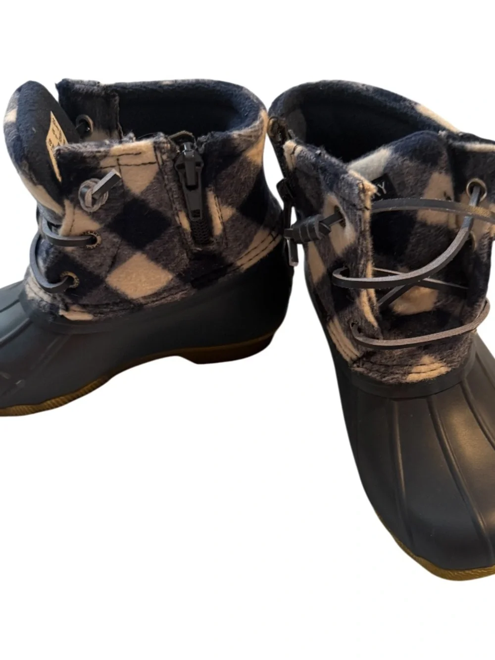 Sperry Navy and White Plaid Duck Boots - Kids